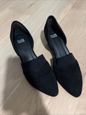 Eileen Fisher Black Pointed D'Orsay Suede Flats with Elastic Strap